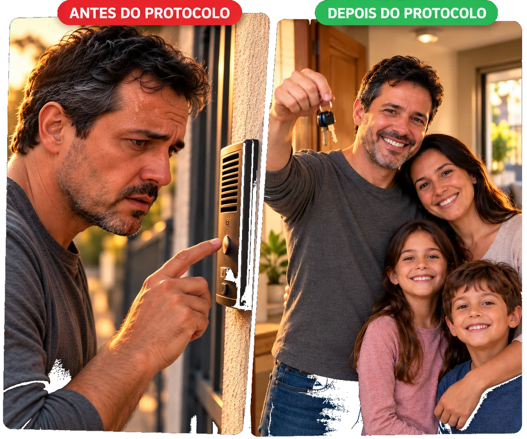 Antes do Protocolo: homem tenso no interfone. Depois do Protocolo: família sorrindo com as chaves